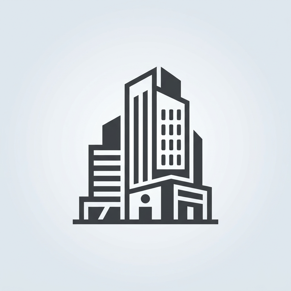 Black and white icon of multiple modern office buildings