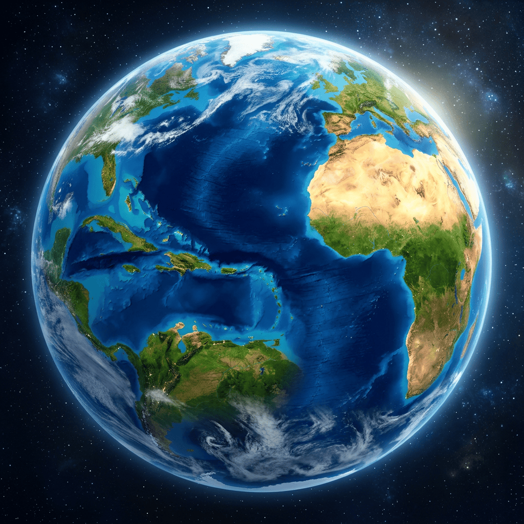 Earth showing the Atlantic Ocean bordered by Africa, Europe, and the Americas under a starry sky
