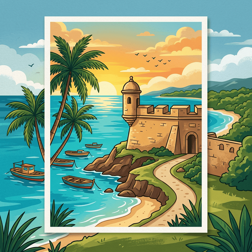 Caribbean landmark icon with palm and fort