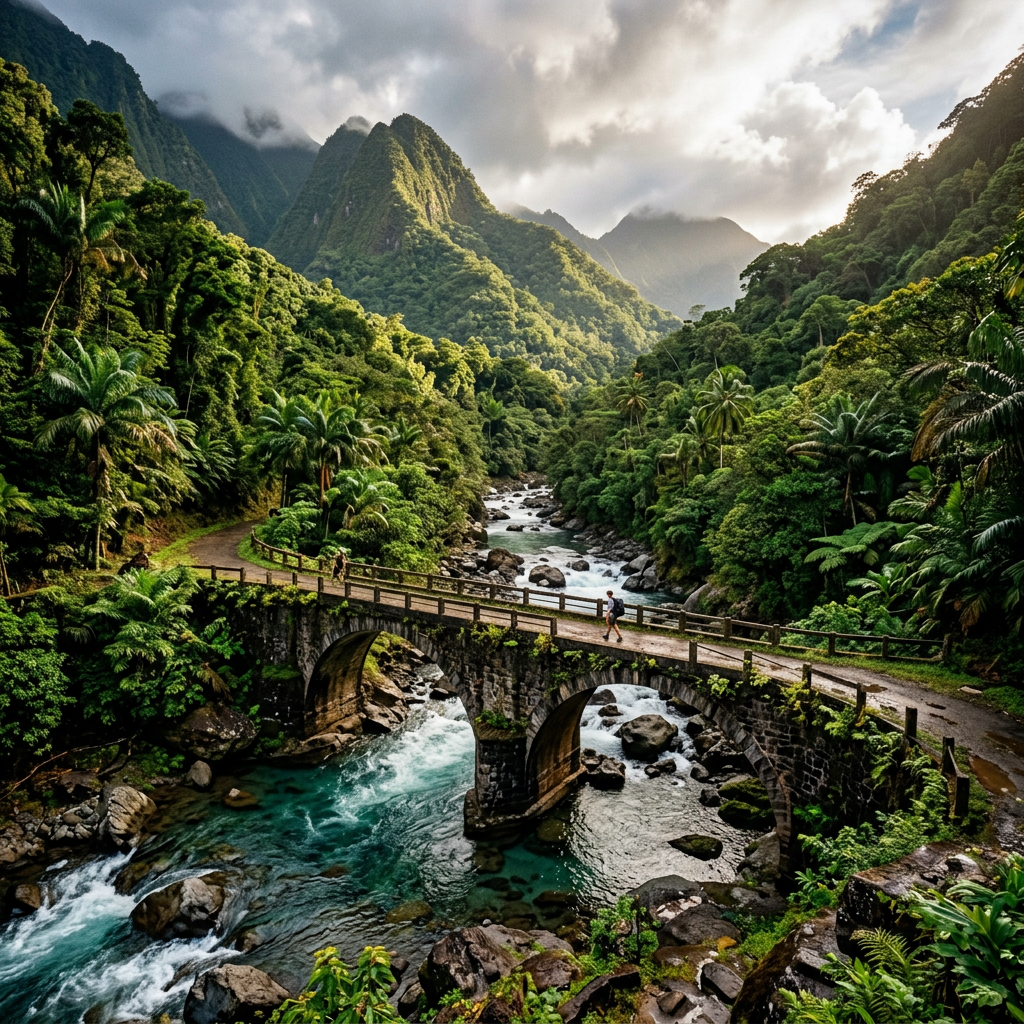 Bridge over crystal river, Dominica mountains