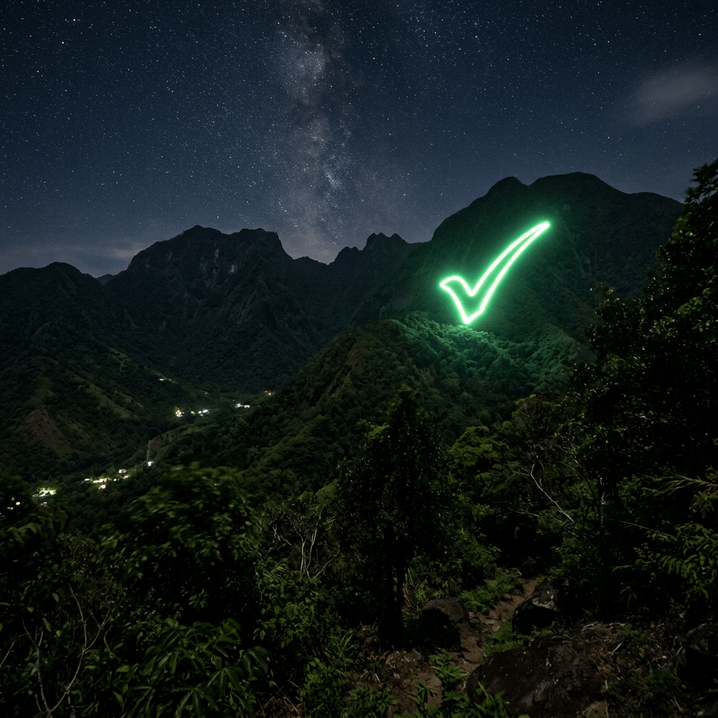 Starry night sky over mountains with glowing green checkmark on hillside