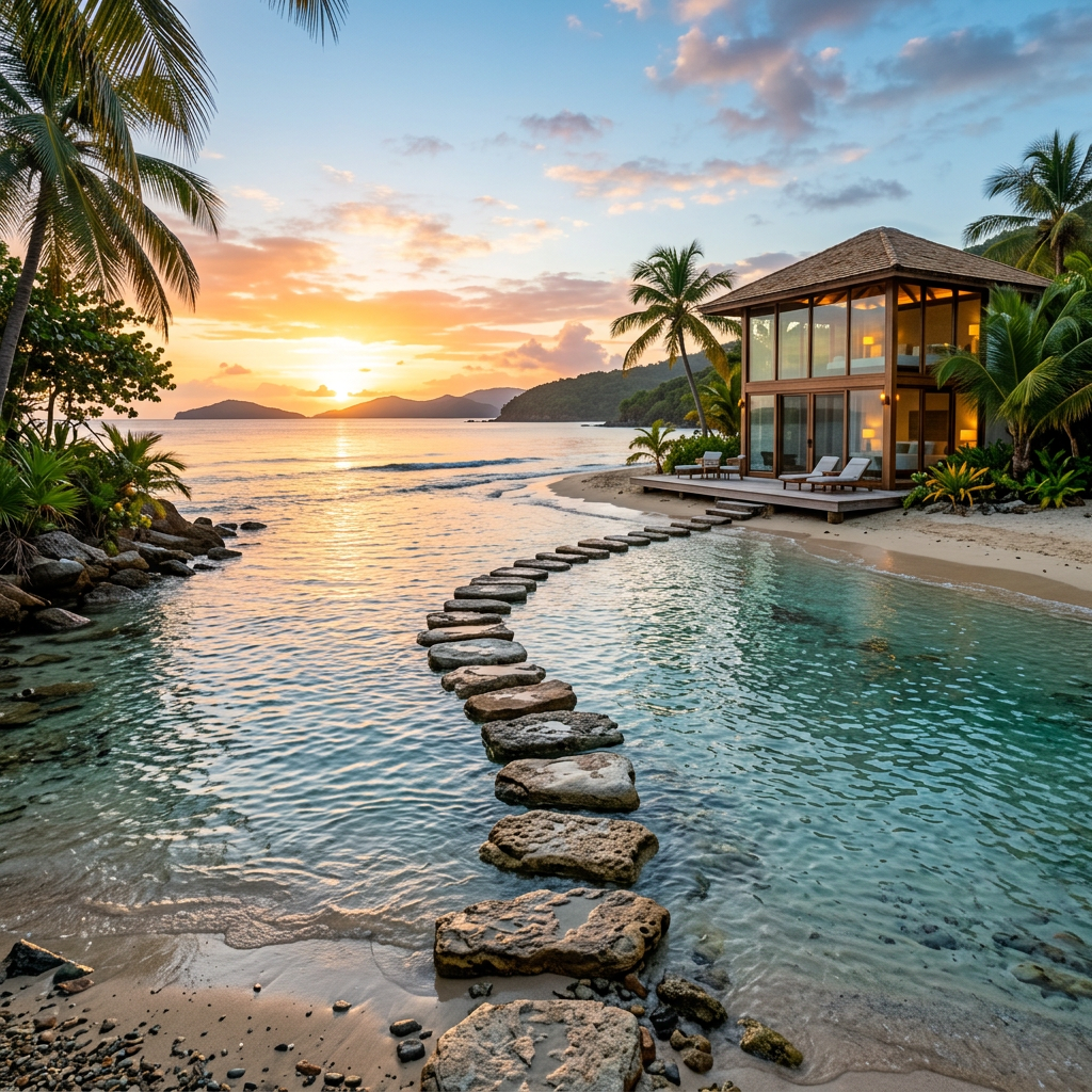 Modern two-story beach villa with glass walls by tropical ocean at sunset