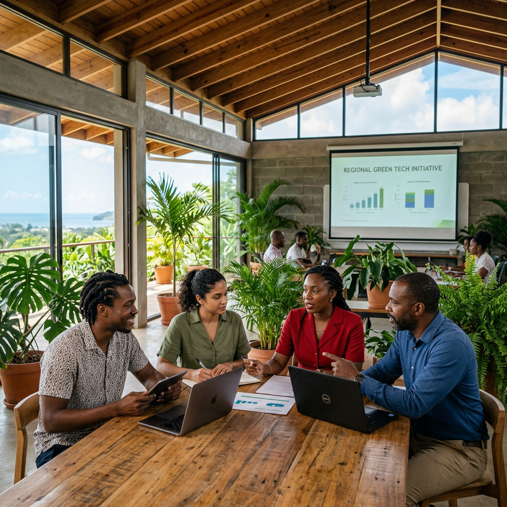 Four professionals collaborating around a wooden table with laptops and documents in a bright office with plants and a projection screen showing green tech data