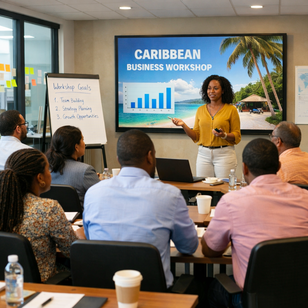 Woman presenting Caribbean business workshop to seated audience