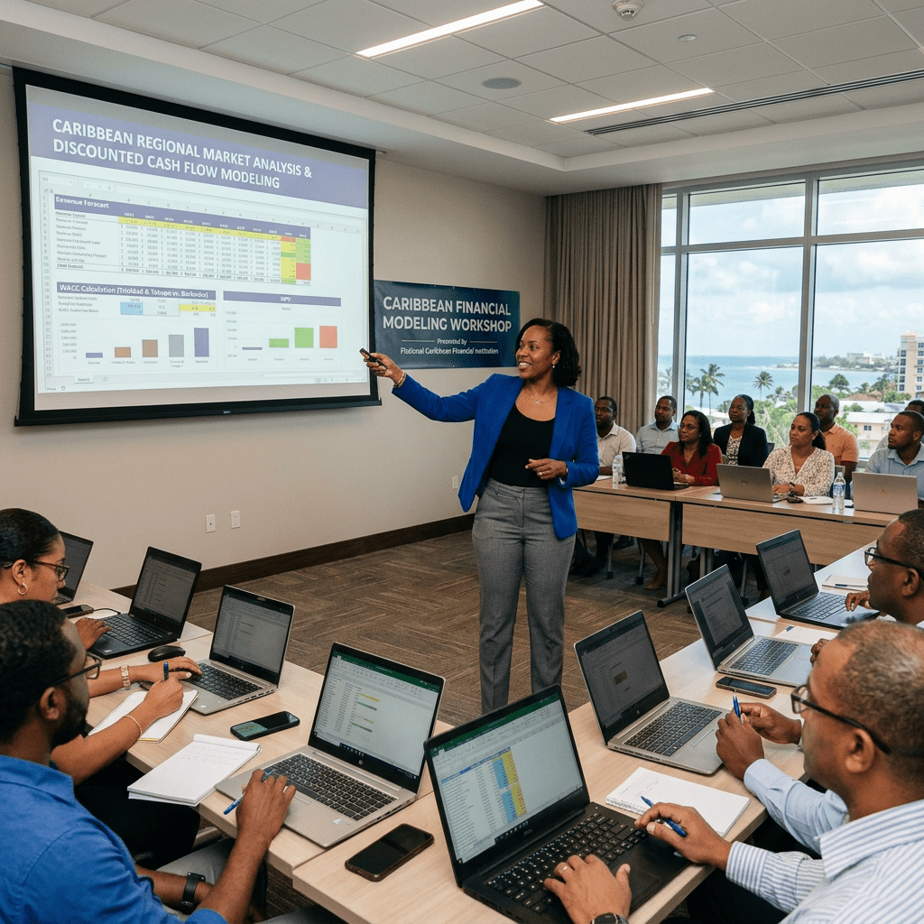 Woman presenting Caribbean regional market analysis and discounted cash flow modeling to workshop attendees