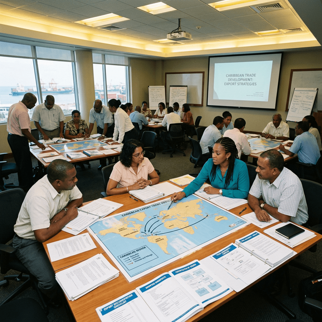 Group of professionals discussing trade development maps and documents in a conference room