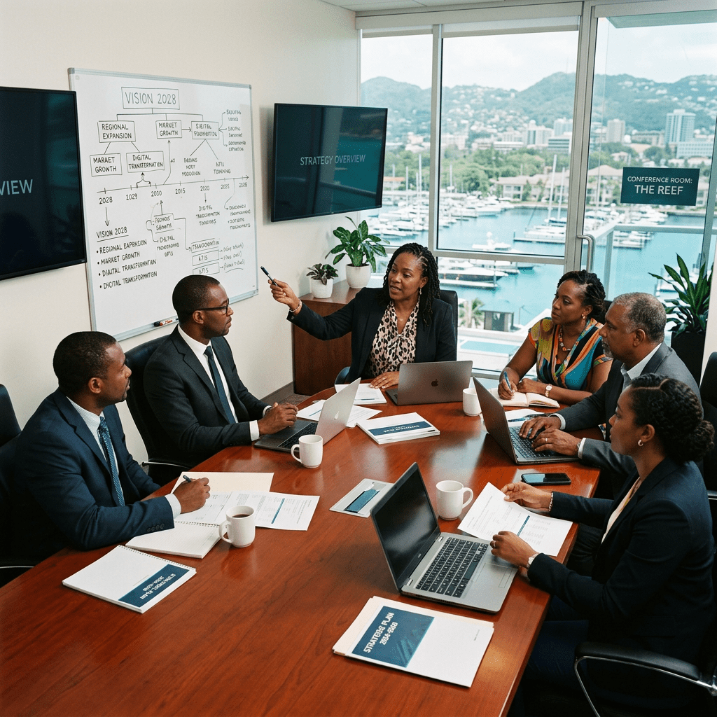 Caribbean executives strategic planning boardroom session