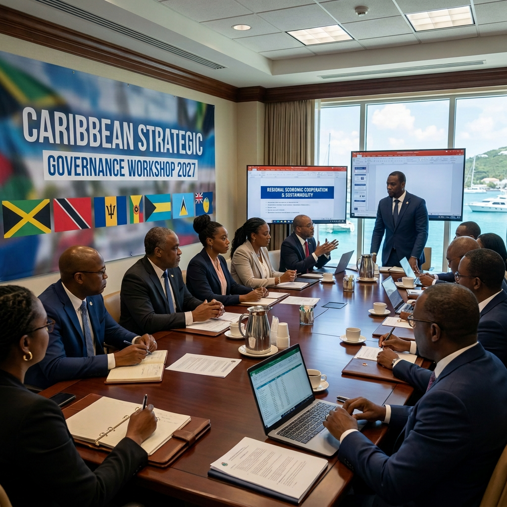 Caribbean Governance Workshop Meeting 2024 Group of professionals in formal attire having a meeting with presentation screens on regional economic cooperation in a conference room overlooking a marina