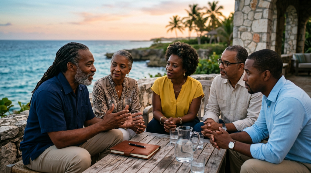 Five adults sitting around a wooden table near the ocean talking