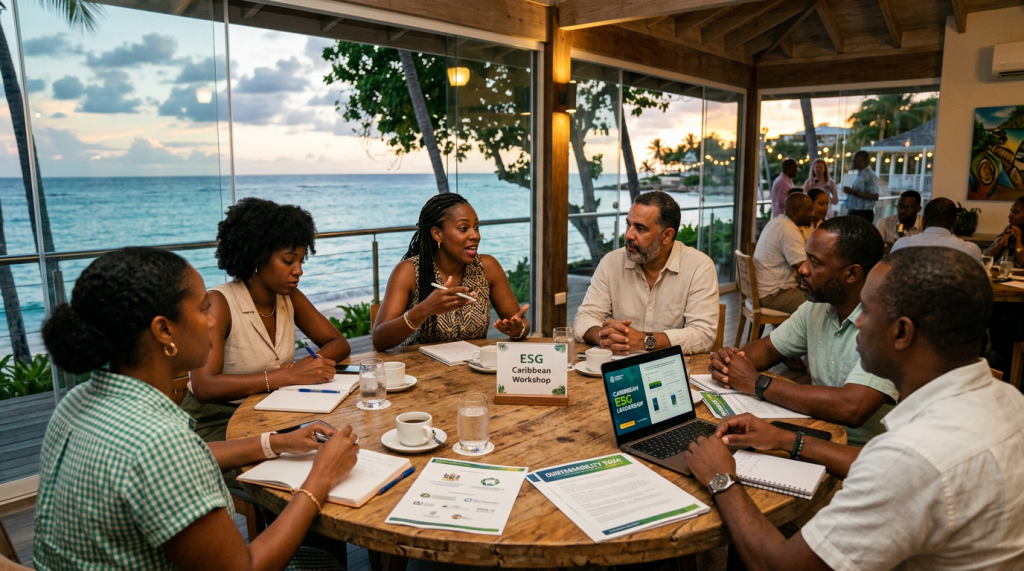 Group of people at a round table discussing ESG Caribbean Workshop materials by the sea