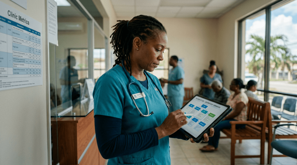 Nurse in blue scrubs with stethoscope using a tablet to view patient care charts in clinic