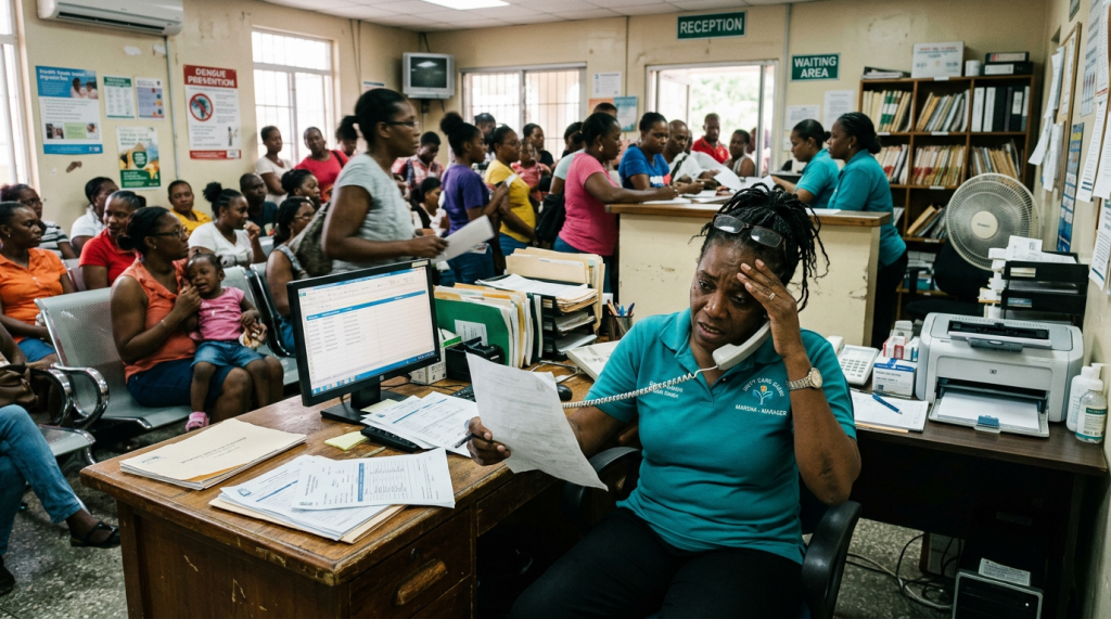 Healthcare worker on phone reviewing documents at busy clinic reception