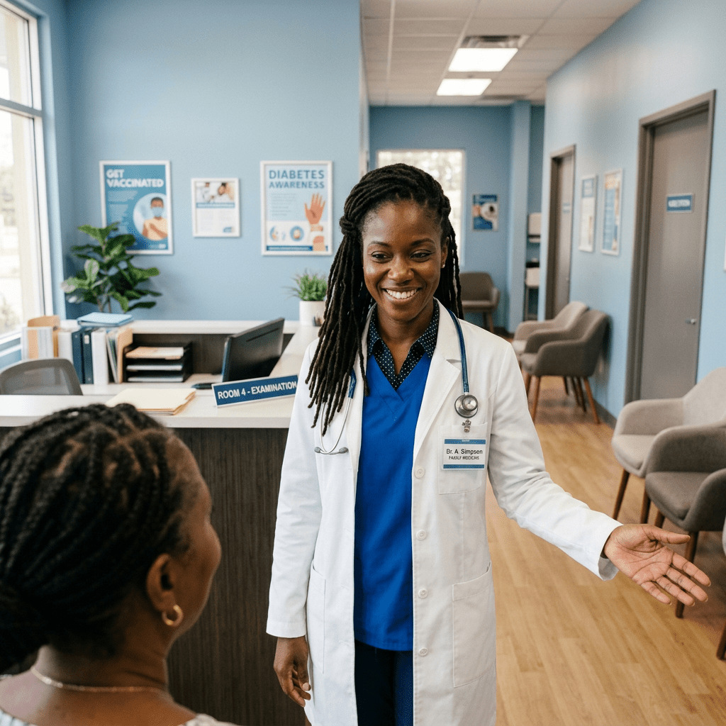 Confident Caribbean professional welcoming patient in organized clinic