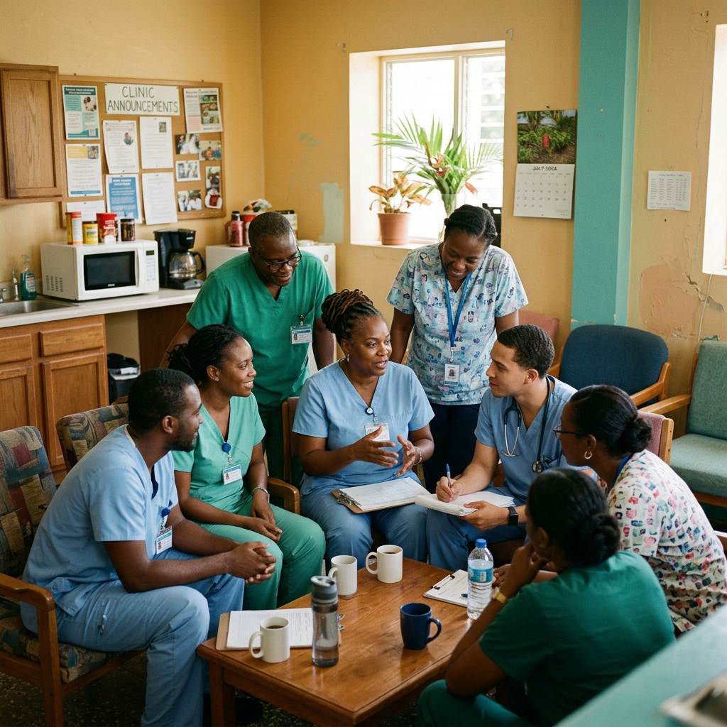 Caribbean clinic team huddle in break room