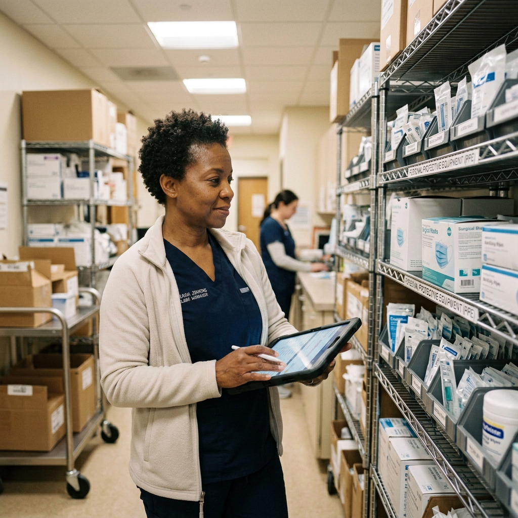 Clinic manager organizing medical supplies with tablet