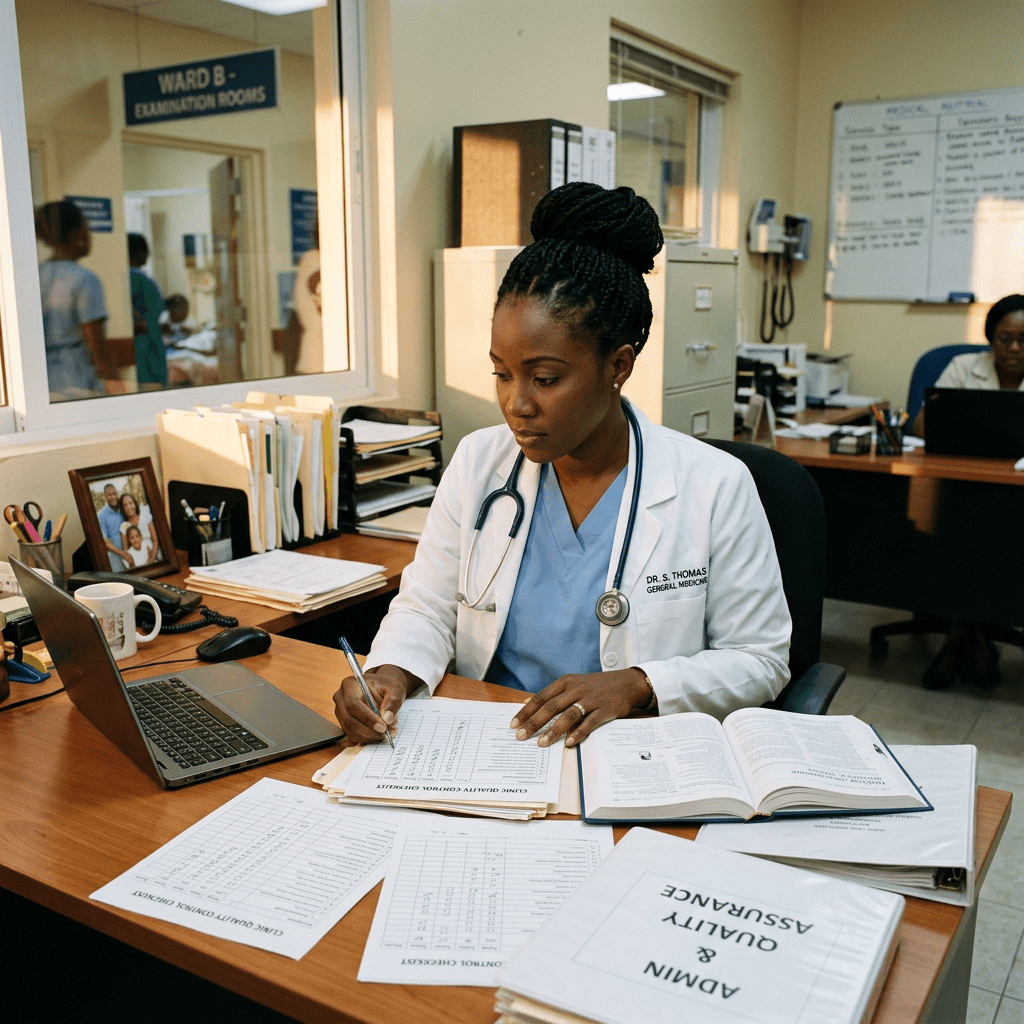 Caribbean professional reviewing quality checklists in clinic office