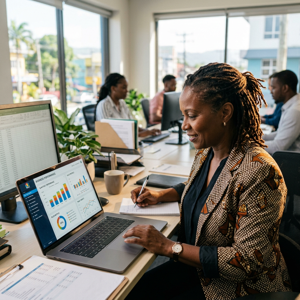 Caribbean manager reviewing performance dashboard laptop