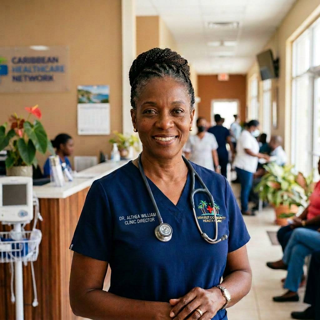 Dr. Althea Williams in navy medical scrubs with stethoscope in clinic lobby