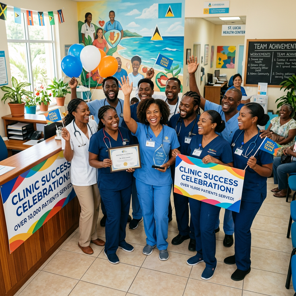 Healthcare workers celebrating clinic success with awards, balloons, and signs