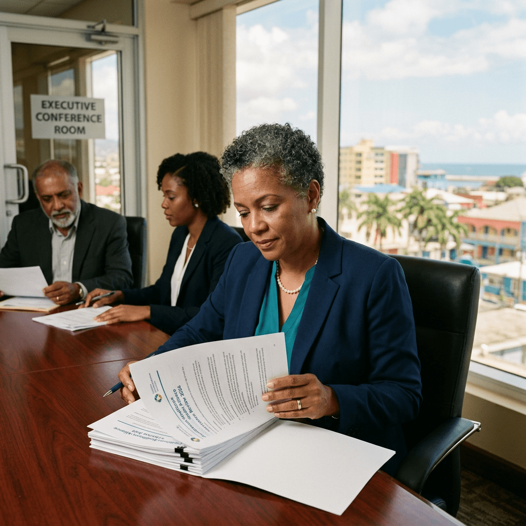 Caribbean healthcare leader reviewing governance documents in boardroom
